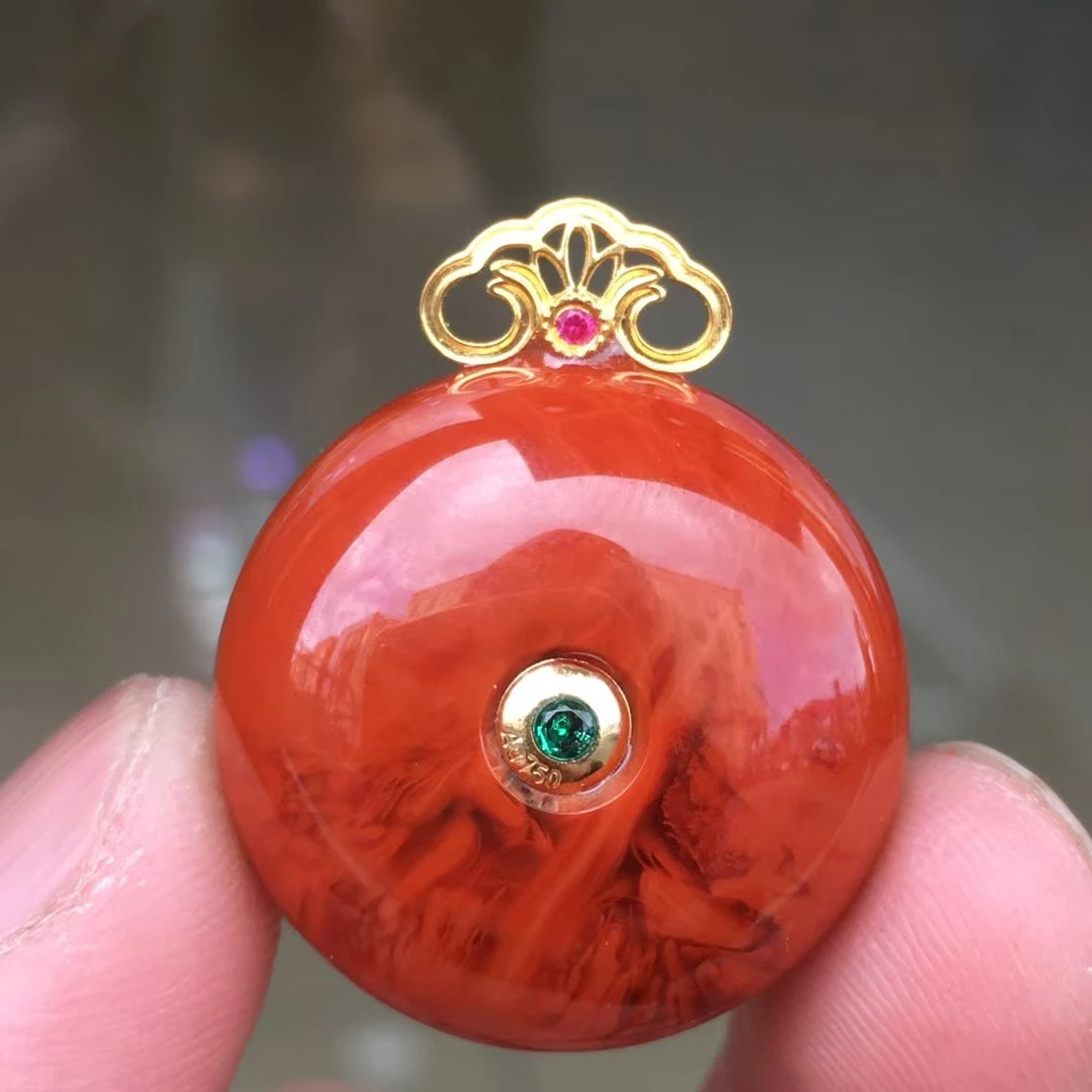 天然原矿川料瓦西满肉虎皮火焰纹K金平安扣吊坠