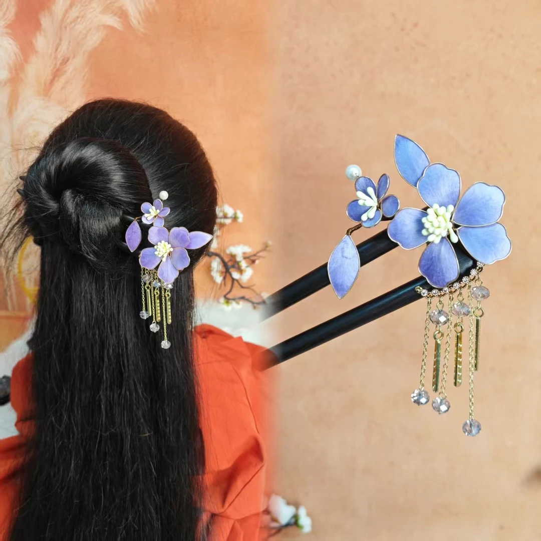 炑歌T18原创紫色掐丝绒花15公分双钗手工古典中国风发簪