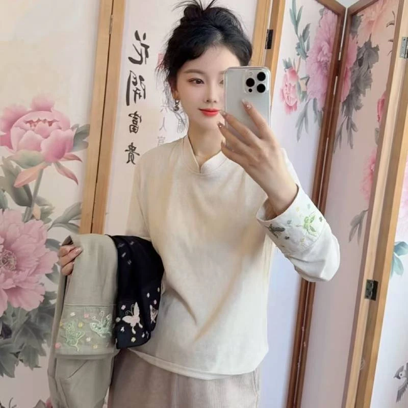国风中式立领袖口刺绣百搭打底衫女2025秋冬新款时尚洋气女士上衣