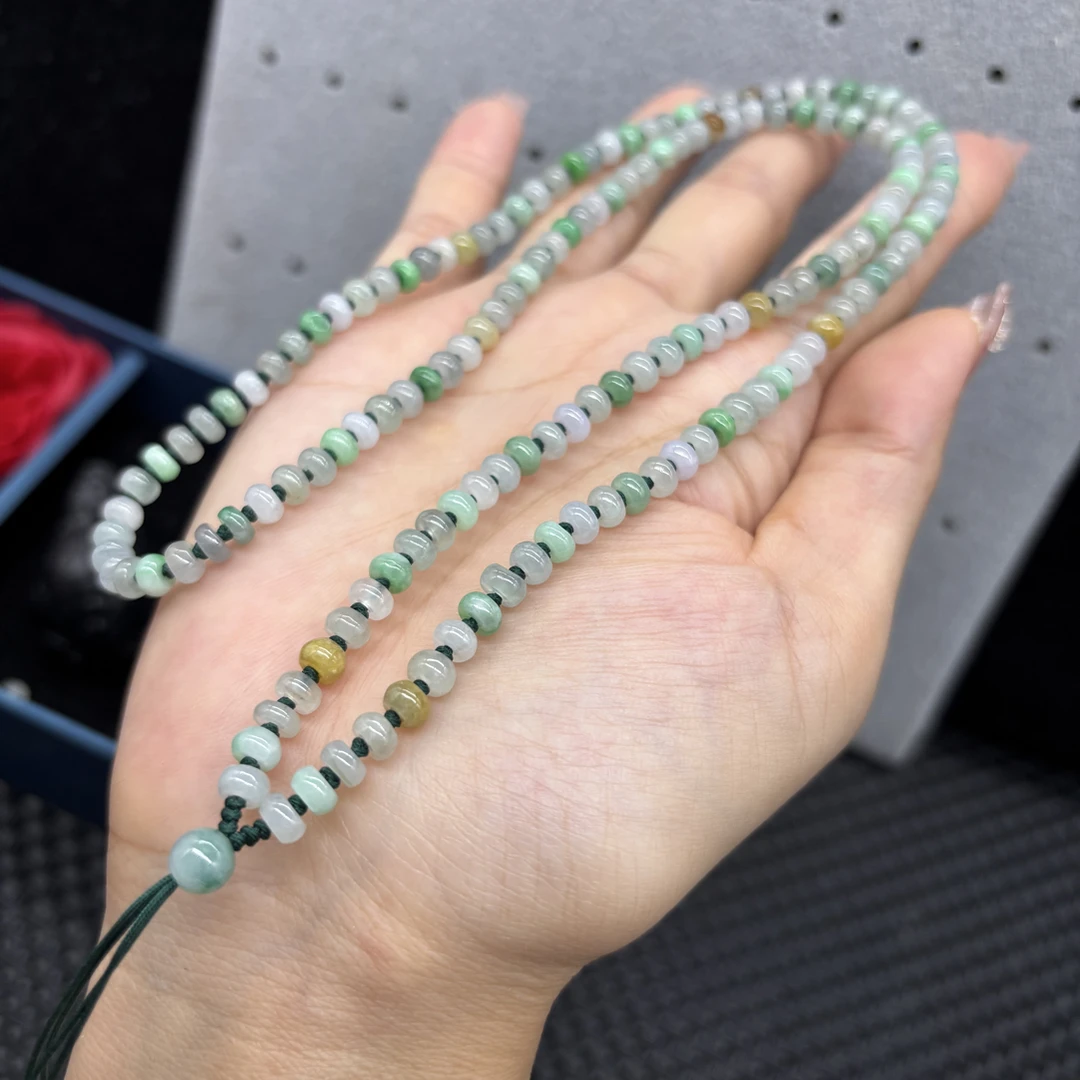 精美天然A货缅甸翡翠冰种三彩算盘珠5mm多色玉石挂件绳毛衣链百搭