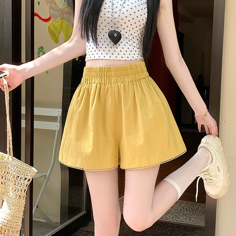 花边休闲短裤女2025夏季新款松紧腰百搭洋气显瘦极简风阔腿热裤