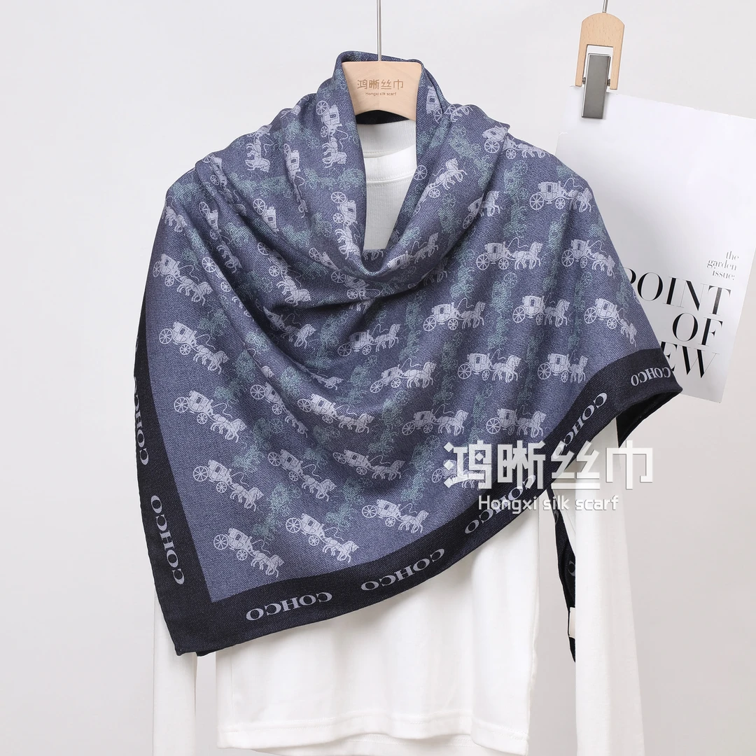 真丝羊毛双面里昂蓝小马车105方巾女士丝巾搭配围巾披肩外搭F307