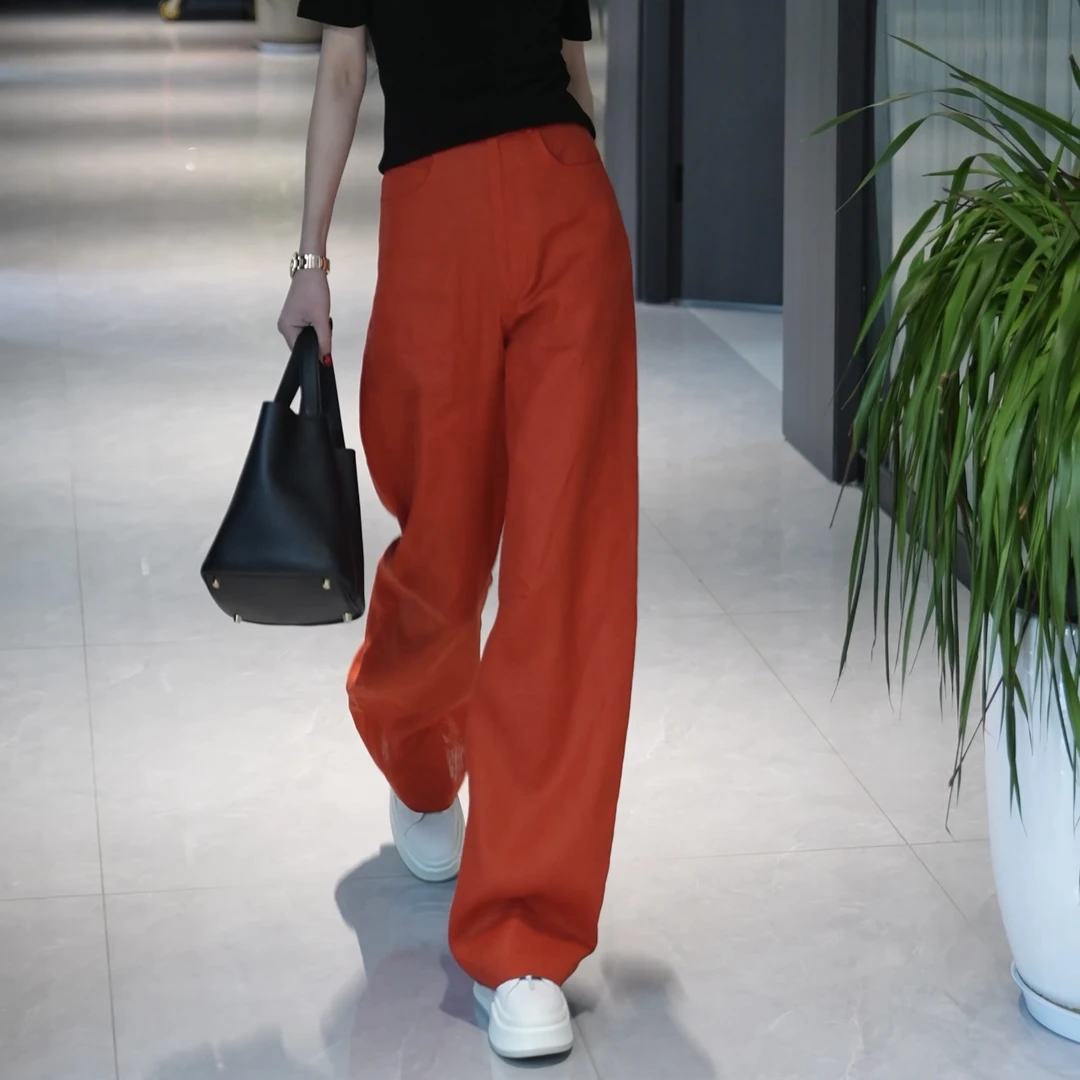 MINGGANG/名港【青春靓丽】洋气高腰显瘦宽松纯亚麻休闲女裤MG8098