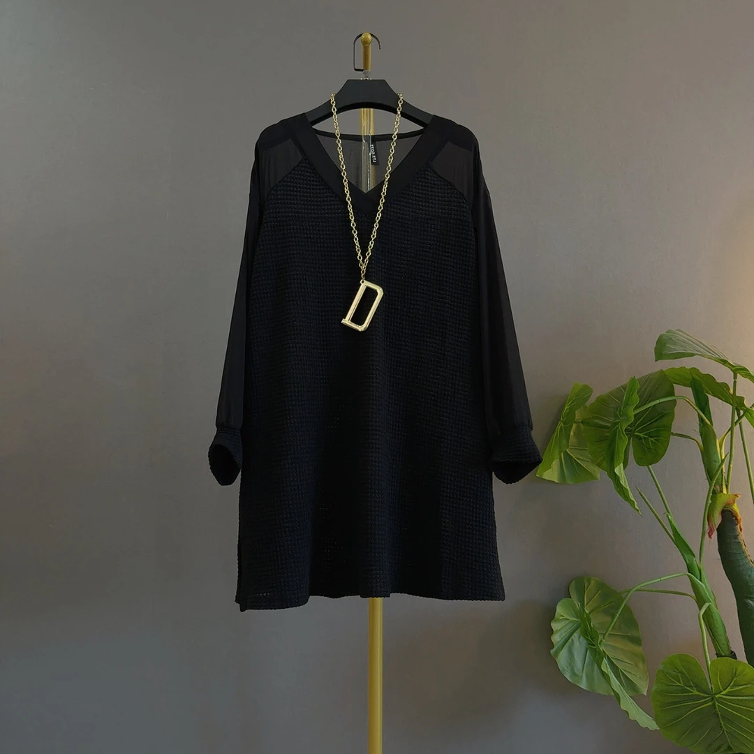 通勤风秋季春季针织拼接雪纺微透薄款潮牌女装大衫时尚上衣ins风