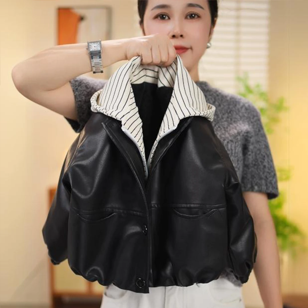 新款欧美风短款男童夹克韩版冬季学院风百搭宽松洋气条子加绒皮衣