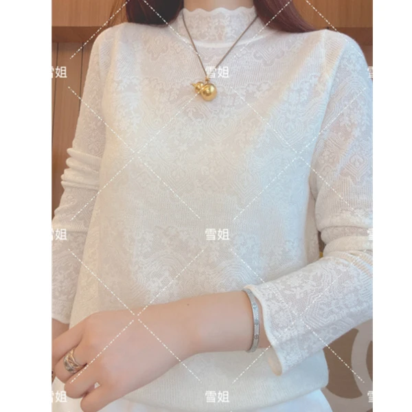 雪姐服饰「法式蕾丝长袖」新款法式花边蕾丝打底衫时尚百搭长袖
