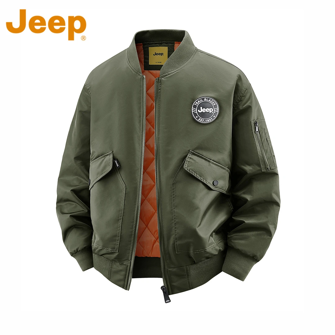 JEEP吉普棒球领夹棉飞行夹克男款冬季美式复古军绿色防风保暖外套