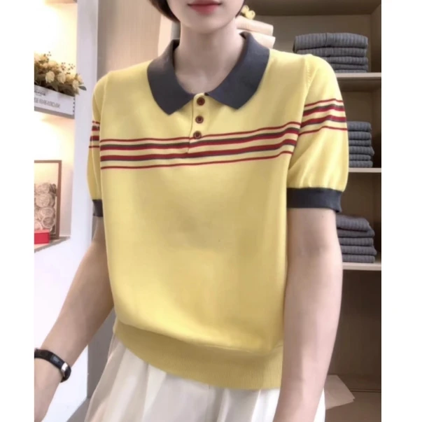 [编码D121]妮妮家黄色灰领提花翻领气质宽松百搭短袖套头