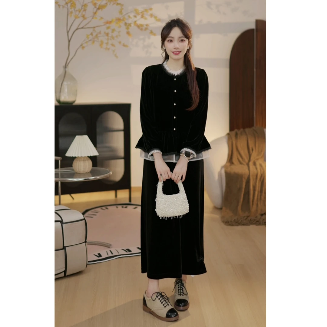【圣彼得堡E】赫本风荷叶边秋季衬衫上衣名媛黑色背心裙套装