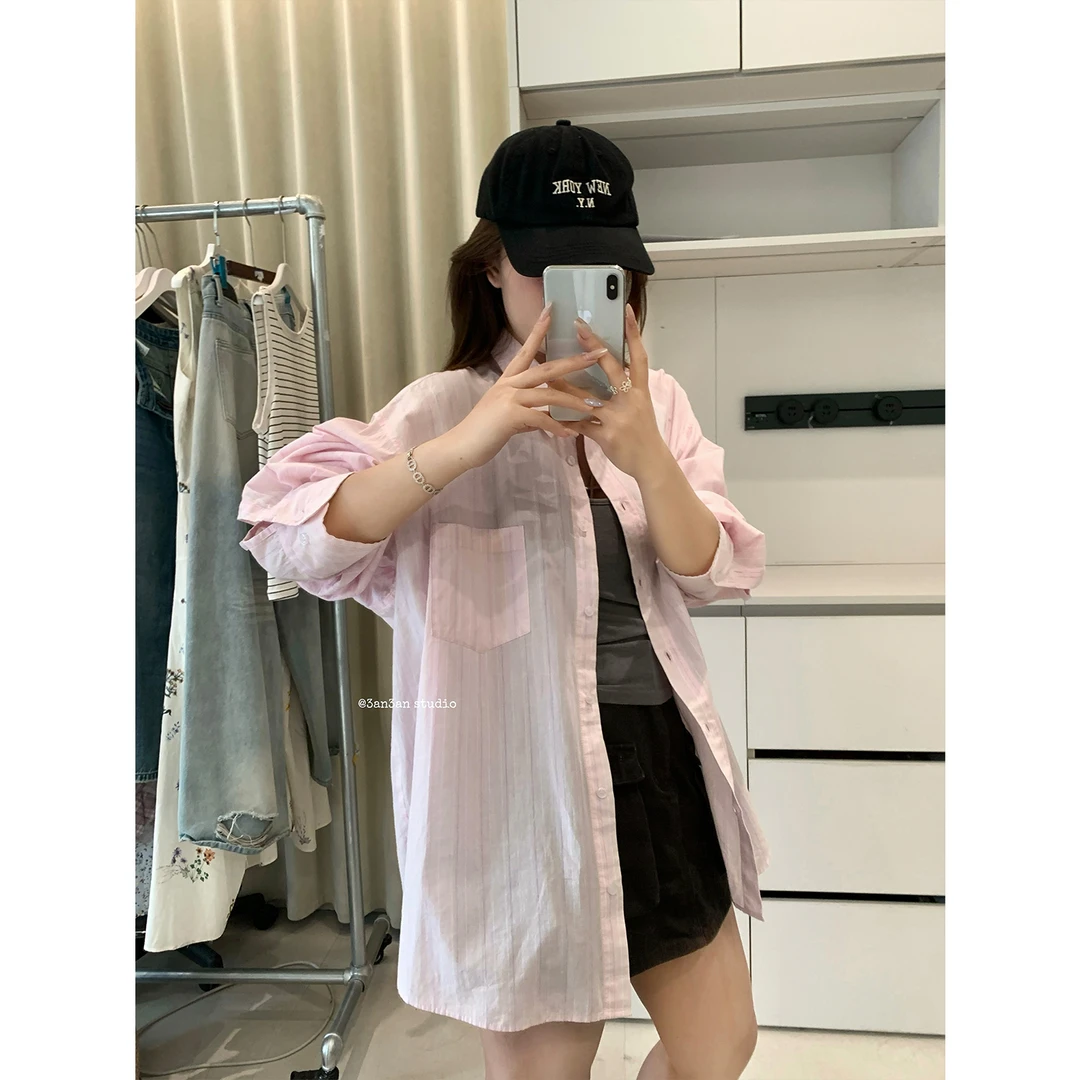 3AN3AN【椿桦时语】粉色条纹衬衫夏季外套宽松百搭街头风 3AND044