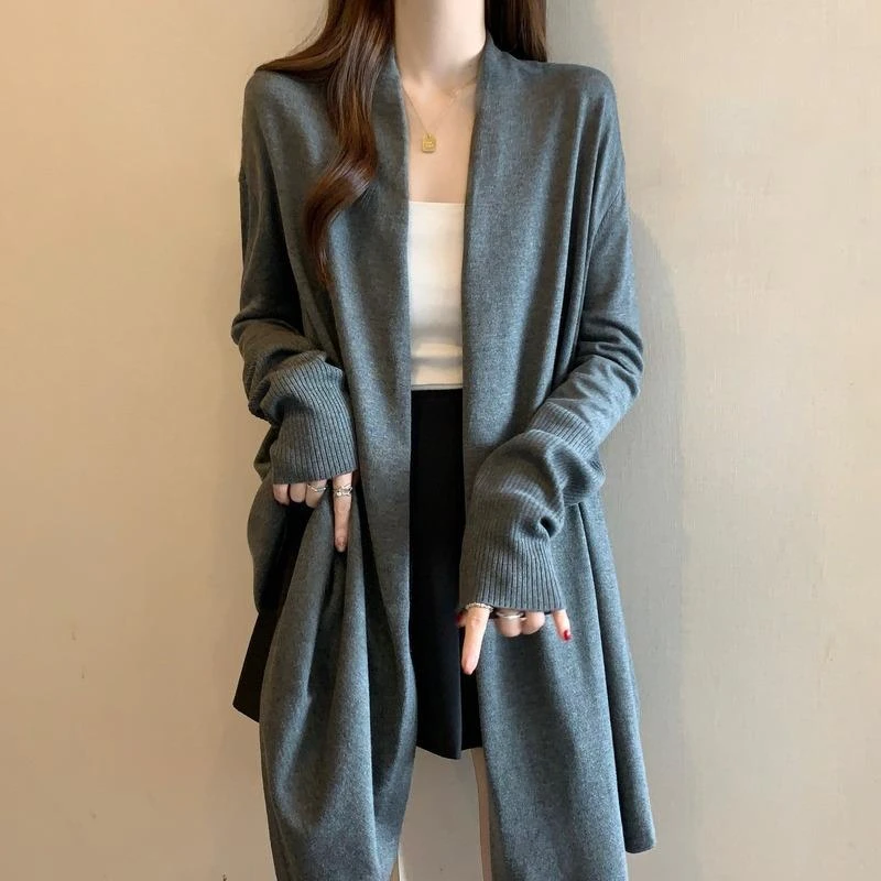薄款灰色针织开衫外套女2025春秋新款尺码胖mm中长版防晒外搭上衣