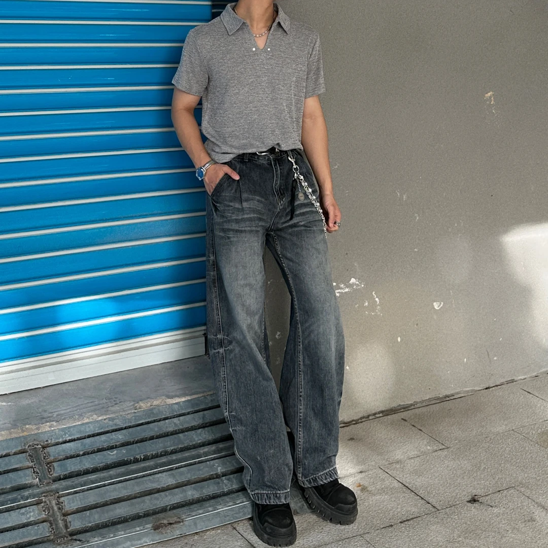 BUTTERFLYFISHES 美式复古高街水洗做旧牛仔裤男新款宽松直筒裤子