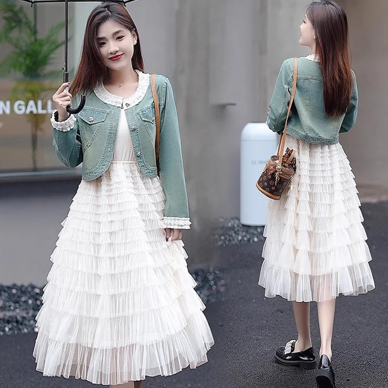 连衣裙套装女2025春秋新款洋气显瘦时尚牛仔外套吊带蛋糕裙两件套