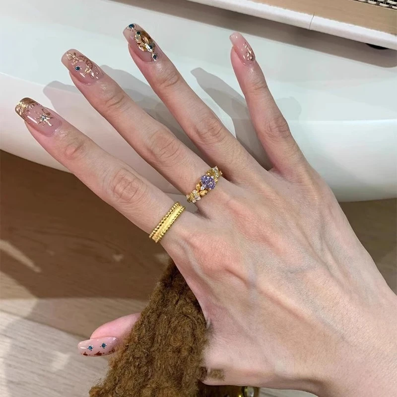 铜合金戒指 金色复古超闪紫色戒指中古拉丝宫廷风轻奢高级感指环