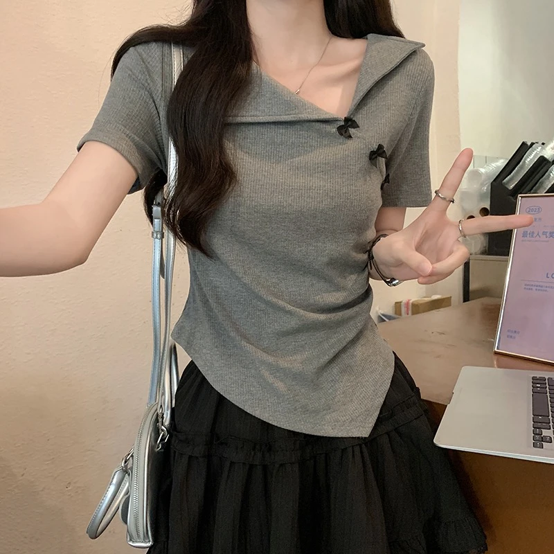 2025夏季新款蝴蝶结不规则上衣女修身显瘦高级感短袖百搭T恤上衣