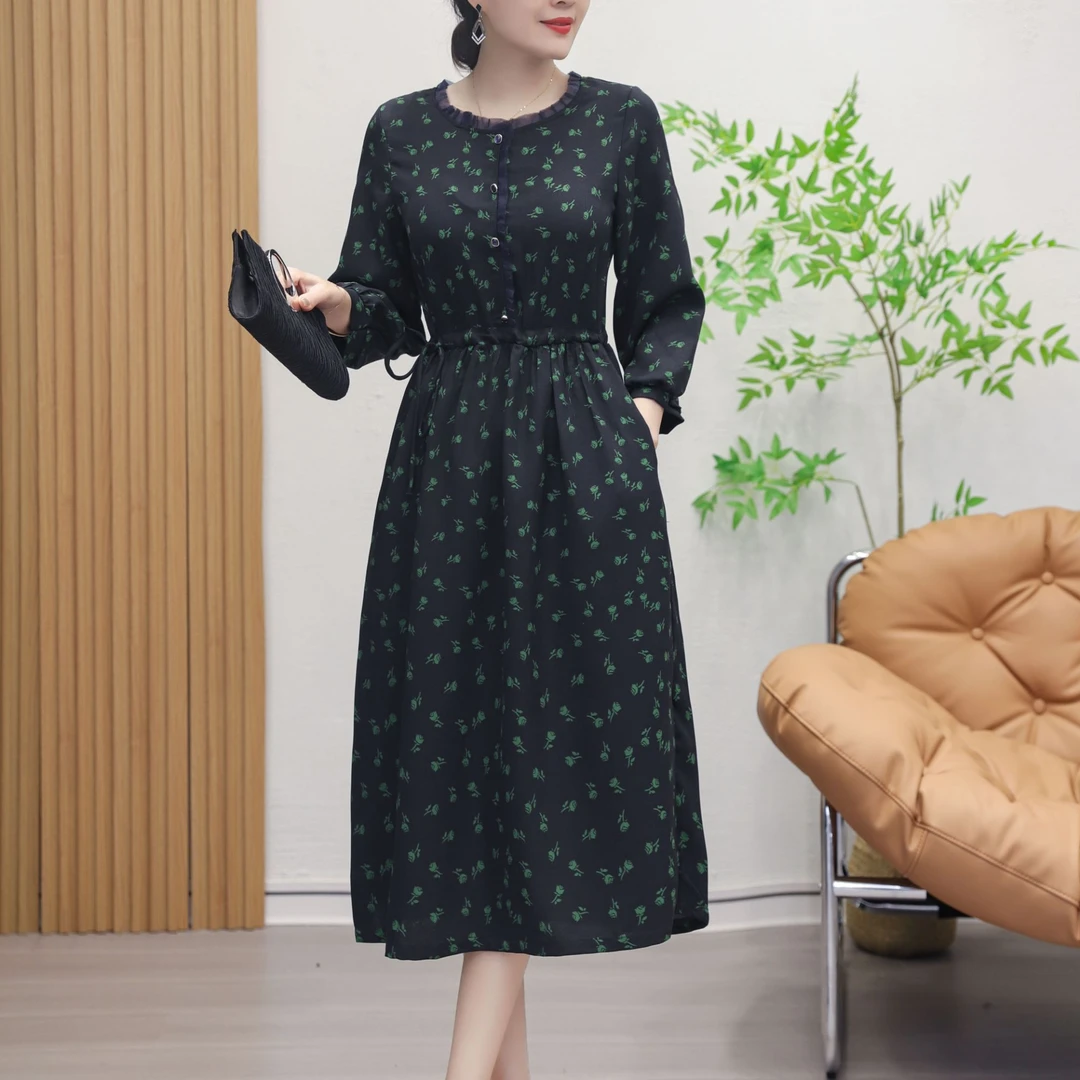 622春季新款时尚气质显瘦女宽松连衣裙中长款收腰碎花妈妈装裙子