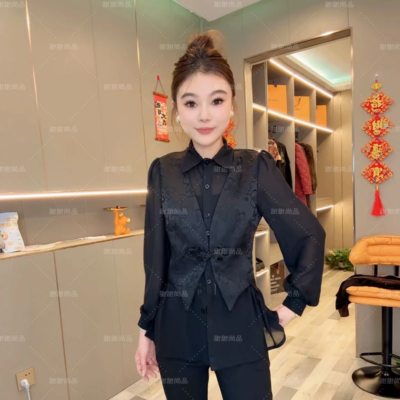 2025春季新中式衬衫马甲假两件女时尚雪纺提花拼接国风设计感上衣