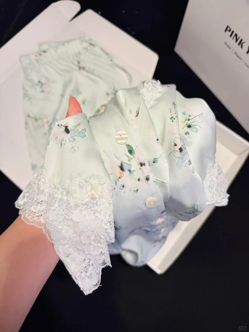 夏季新款小清新仿缎面冰丝睡衣女蕾丝花边凉感家居服短袖短裤套装