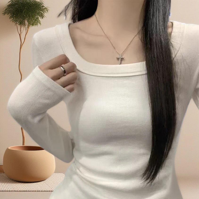 2025春秋季韩版方领学院风修身内搭打底衫女纯色正肩T恤长袖外棉