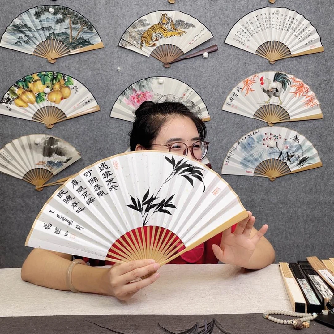 国画8寸玉竹-纯手绘-文玩扇骨（默认粘好）遇事不决