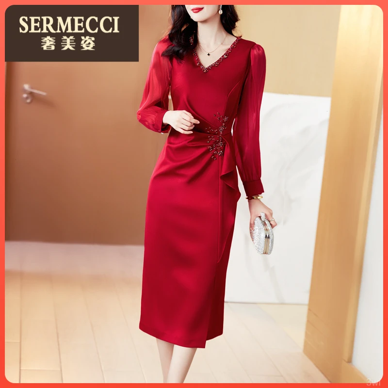 新款收腰爆款连衣裙奢美姿高级感2025年春秋V领中长款