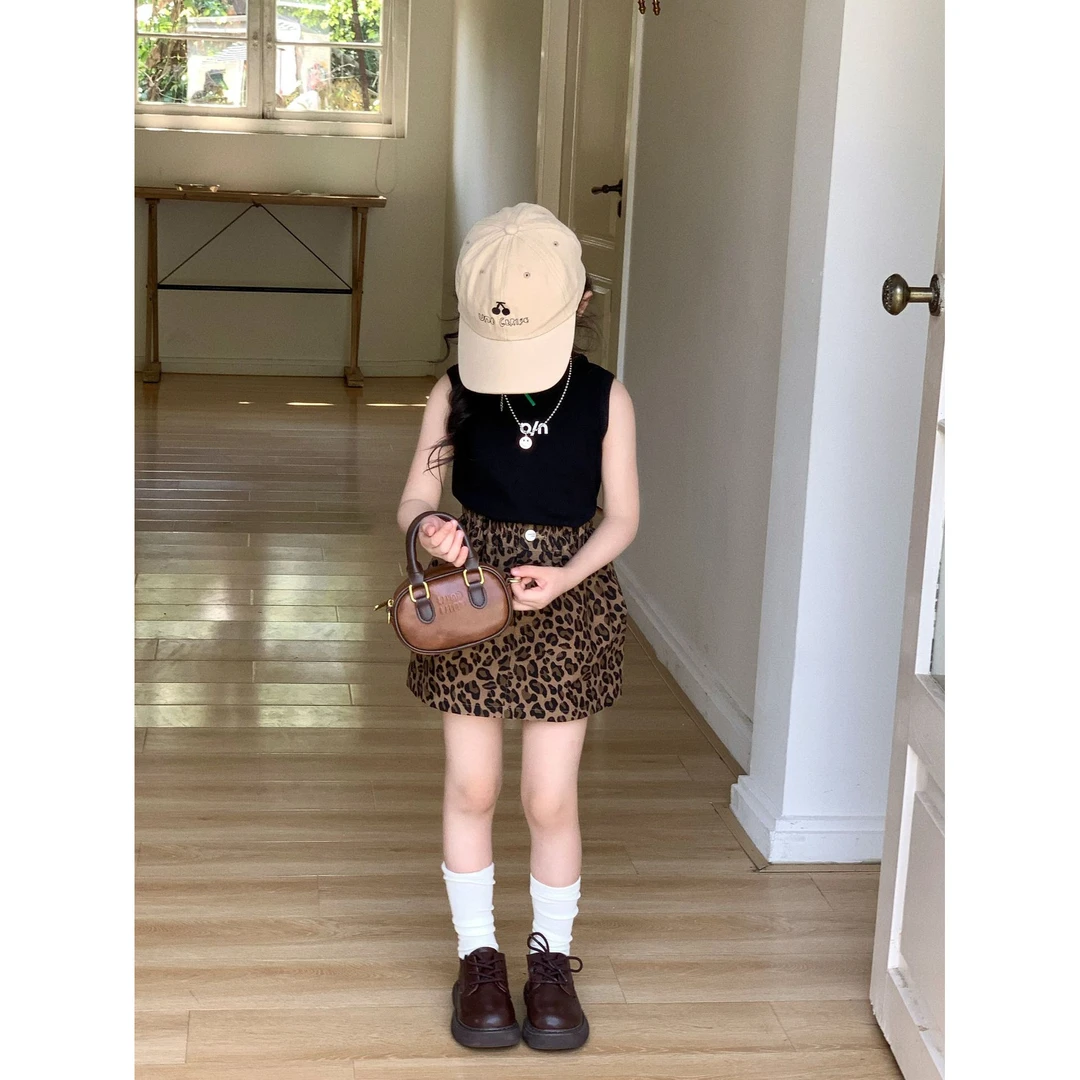 小粉象 ·夏季新款女童韩版美式辣妹豹纹裙字母印花背心套装