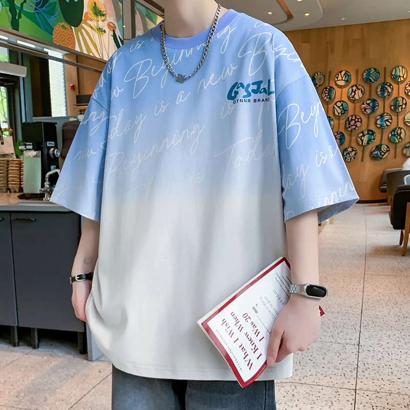 冰丝短袖T恤男夏季美式印花半袖潮牌上衣青少年落肩袖宽松T恤