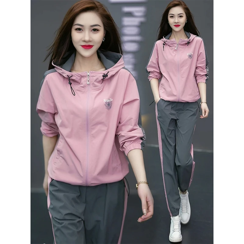 粉色运动套装女2025新款春秋时尚减龄连帽气质外套跑步服两件整套