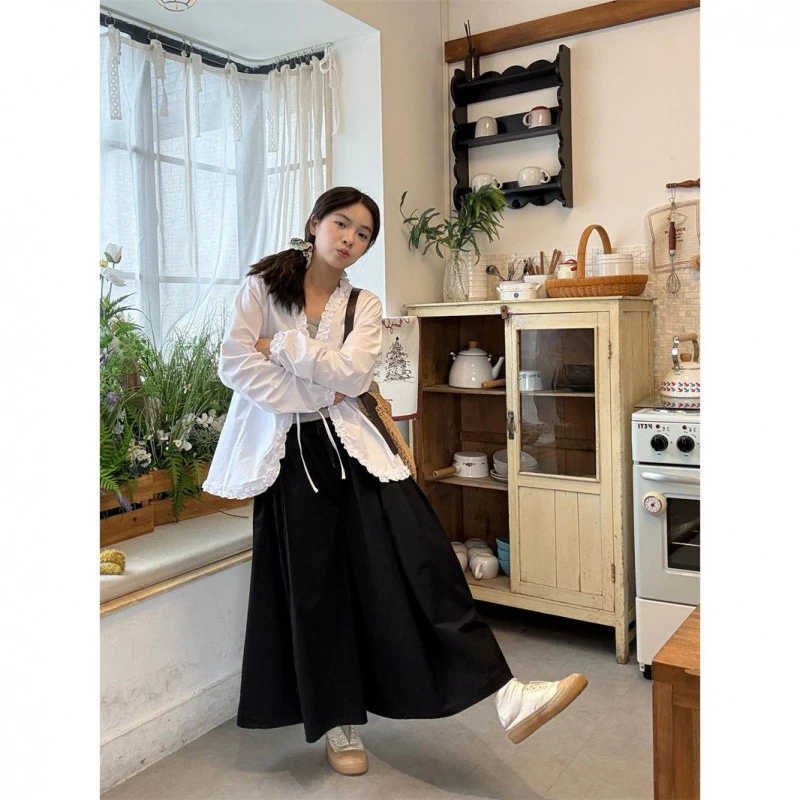 甜美重工木耳边系带衬衫长袖女秋季韩系宽松白色衬衣中长款上衣