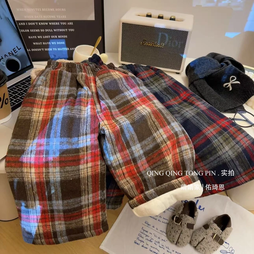 女童时尚休闲百搭格子加绒加厚韩版阔腿裤2025春季新款AWA227鱼