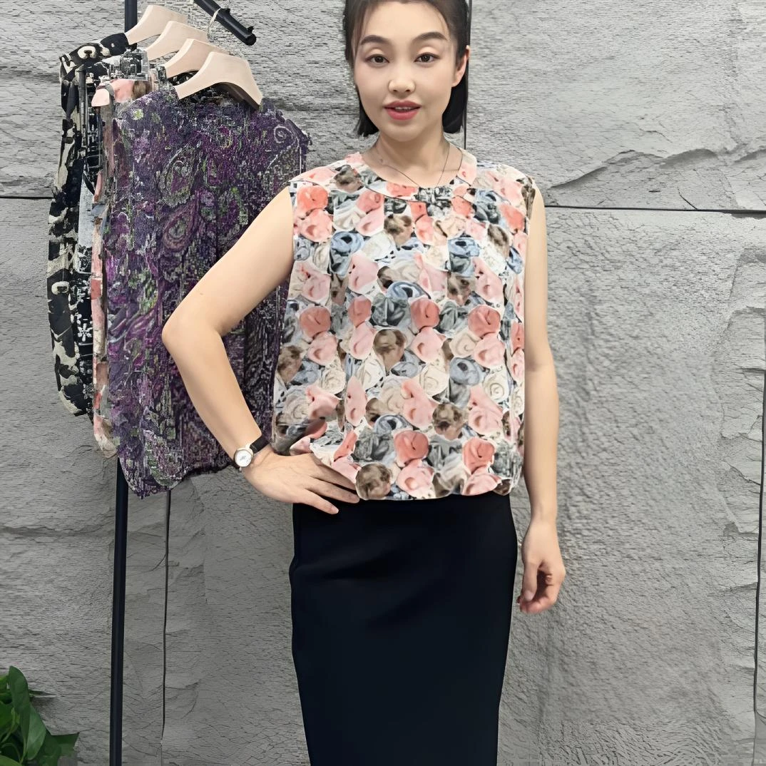 夏季新款洋气百搭乔其纱无袖碎花圆领吊带背心打底小衫