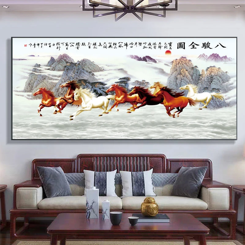 八骏图老板办公室挂画马到成功装饰国画客厅沙发背景墙壁画骏马图