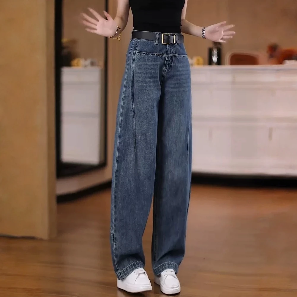 高腰牛仔裤女2025秋季新款宽松显瘦提臀胖mm直筒复古百搭弯刀裤
