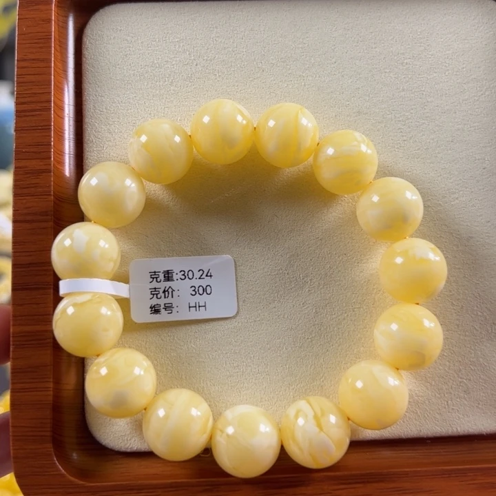蜜蜡未镶嵌珠宝奇石15.2mm焦皮同料白蜜精工圆珠飘花hh