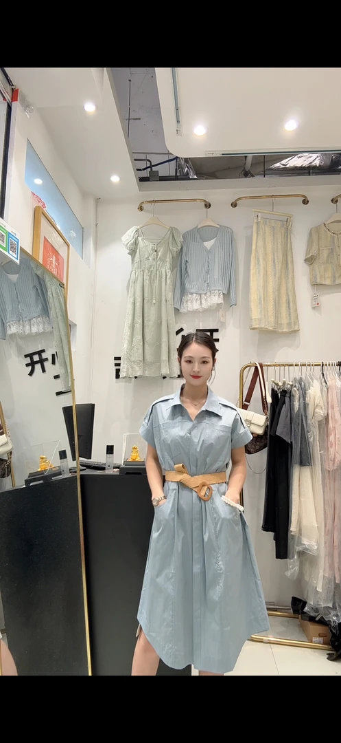 25SL719 法式气质工装腰带拼接连衣裙子女显瘦设计感小众夏中长款