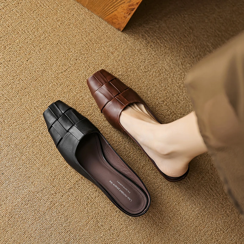 羊皮版真皮鱼嘴包头半拖鞋女夏季外穿法式复古懒人气质高跟穆勒鞋