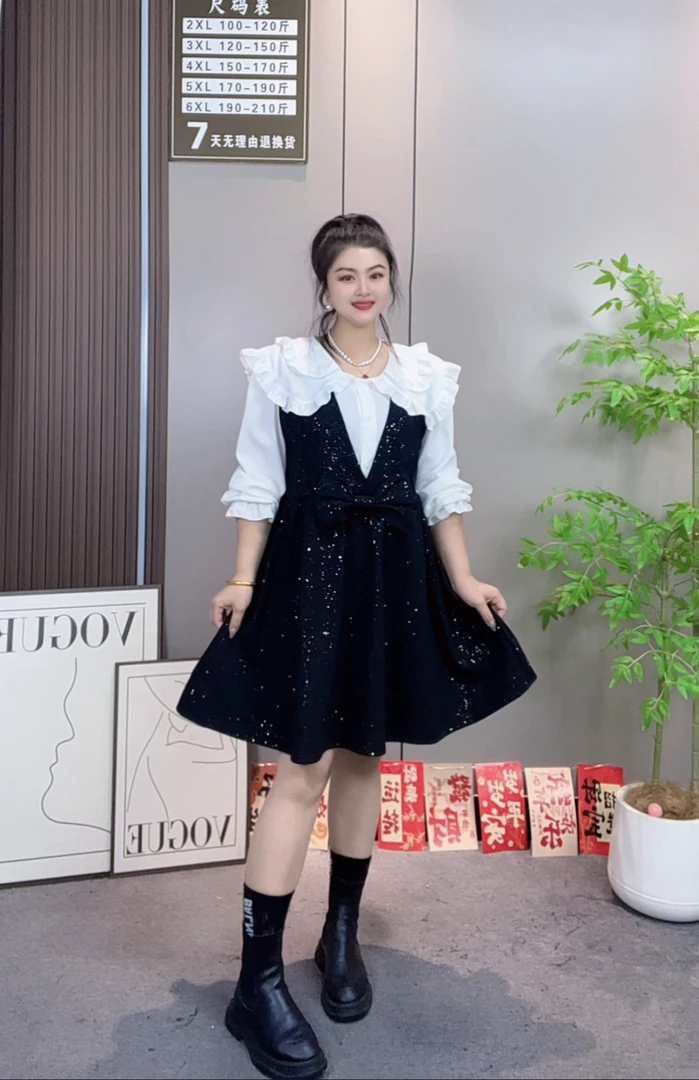 佳奇家娃娃领中长裙拼接背心大码连衣裙钉珠蝴蝶结A字裙春季新款