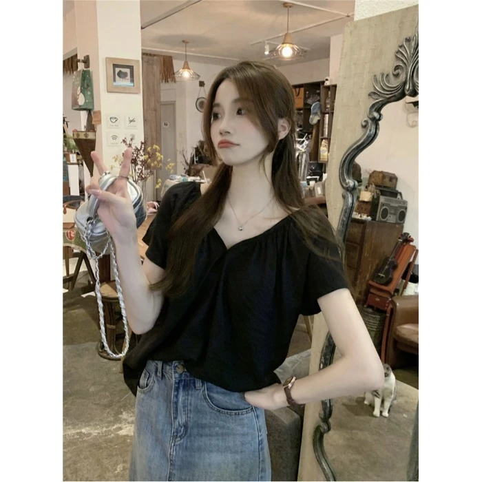 法式设计感v领小飞短袖衬衫女夏季宽松百搭小衫小众别致褶皱上衣