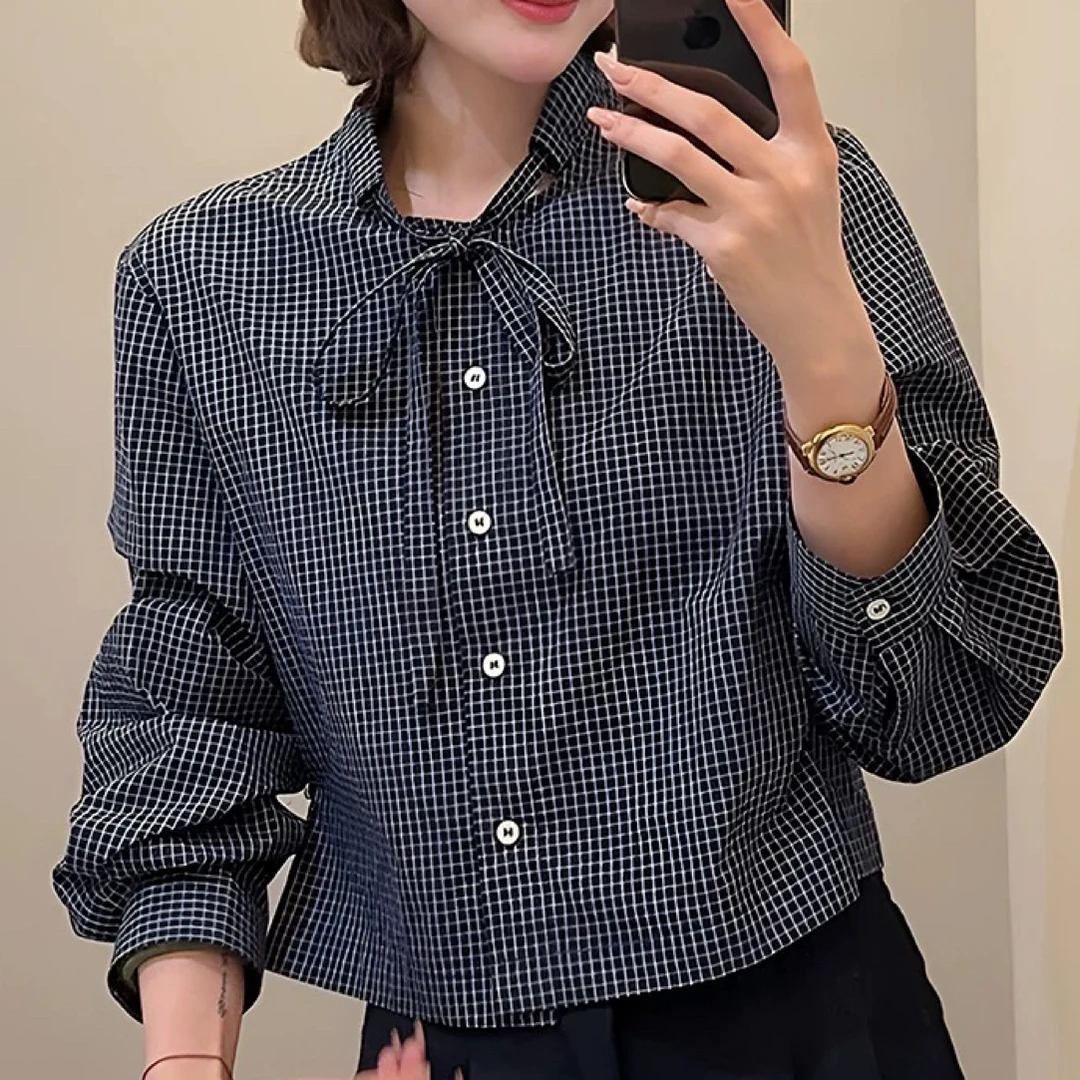 法式高级感蝴蝶结系带格子衬衫女2025新款早秋设计感小众减龄上衣