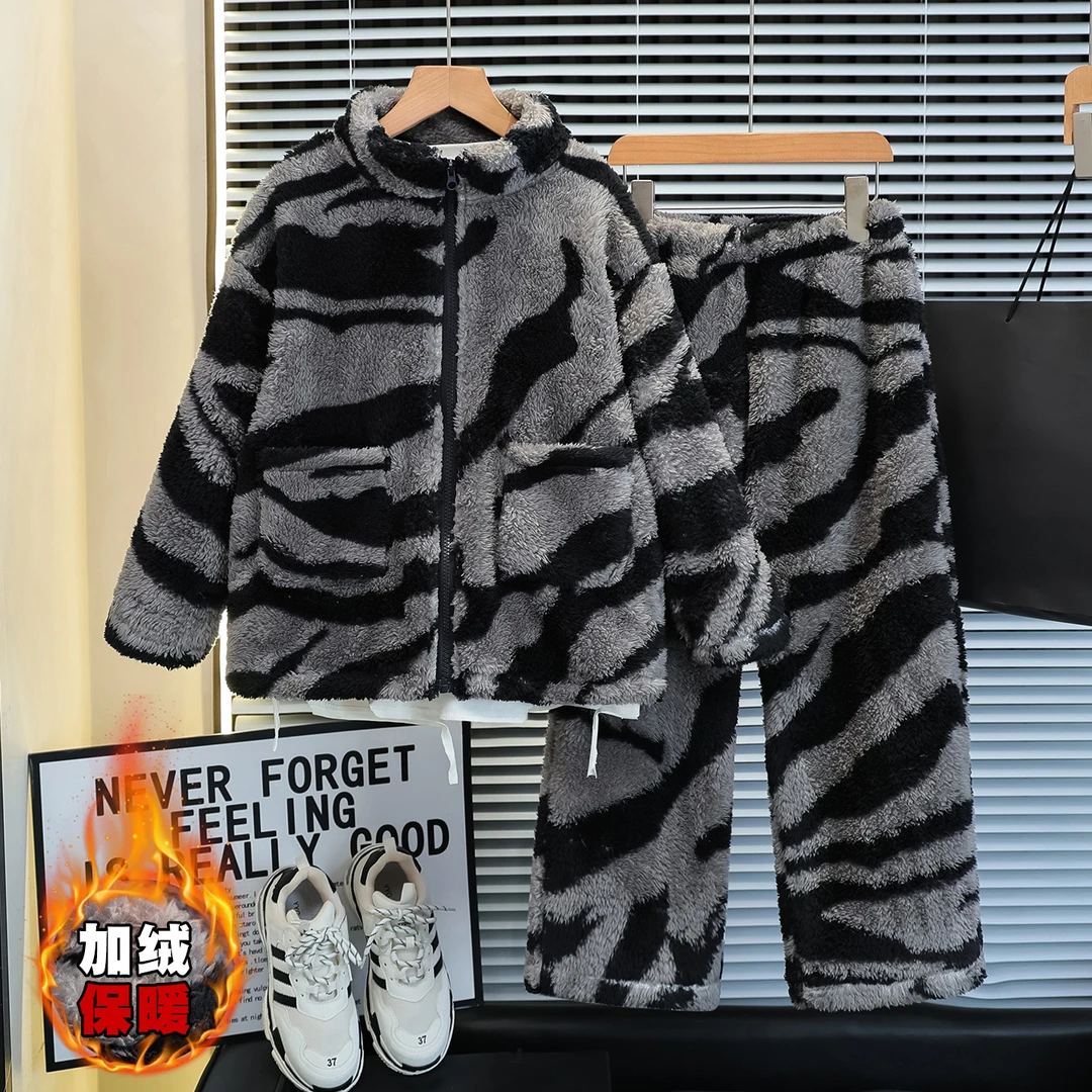 男童珊瑚绒睡衣冬季2025新款儿童中大童秋冬款加厚加绒男孩家居服