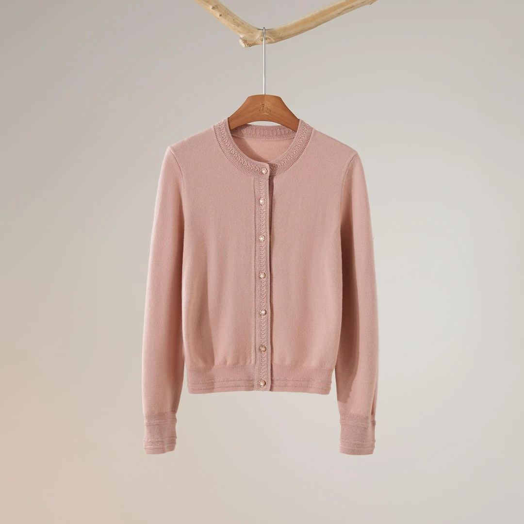 西子/【秋月】100羊毛进口机器简约百搭珊瑚粉针织开衫/MSTJ368