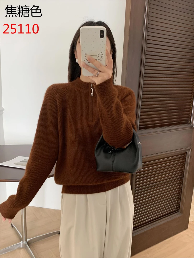 羊绒羊毛25110女士冬季加厚保暖坑条显瘦半拉链套头羊绒衫