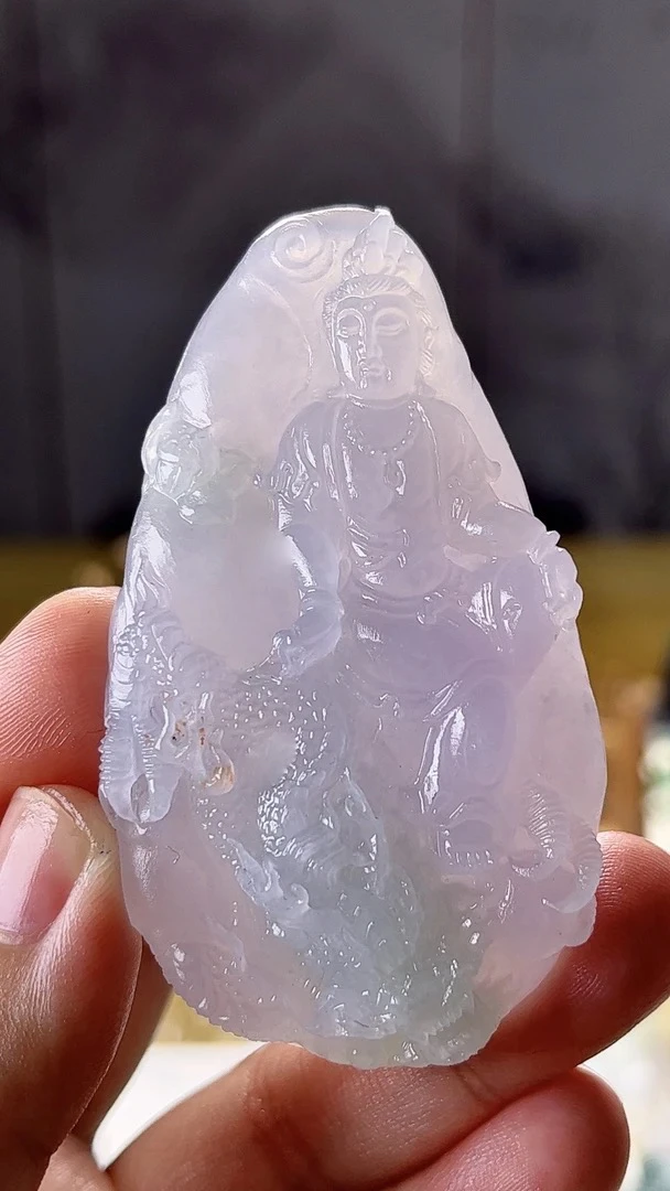 天然缅甸翡翠起冰起胶春彩御龙观音毛货买断需抛光高69宽40厚12.3