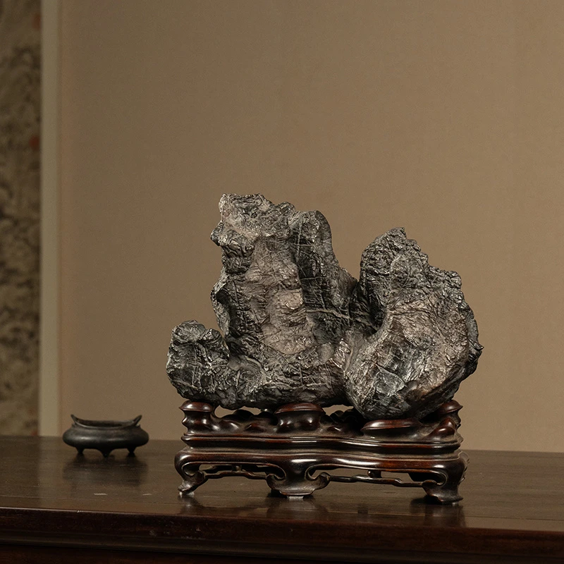 清代 冯金伯款灵璧石文房赏石（红木座） 古董收藏品