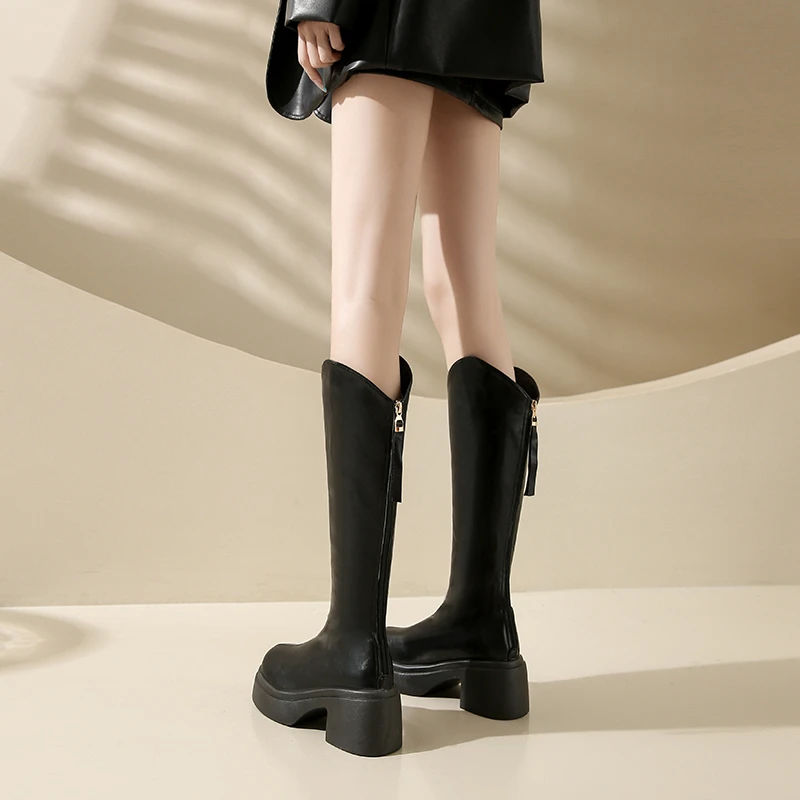时装靴百搭秋冬女鞋厚底骑士靴女靴粗跟英伦风不过膝V口2025新款