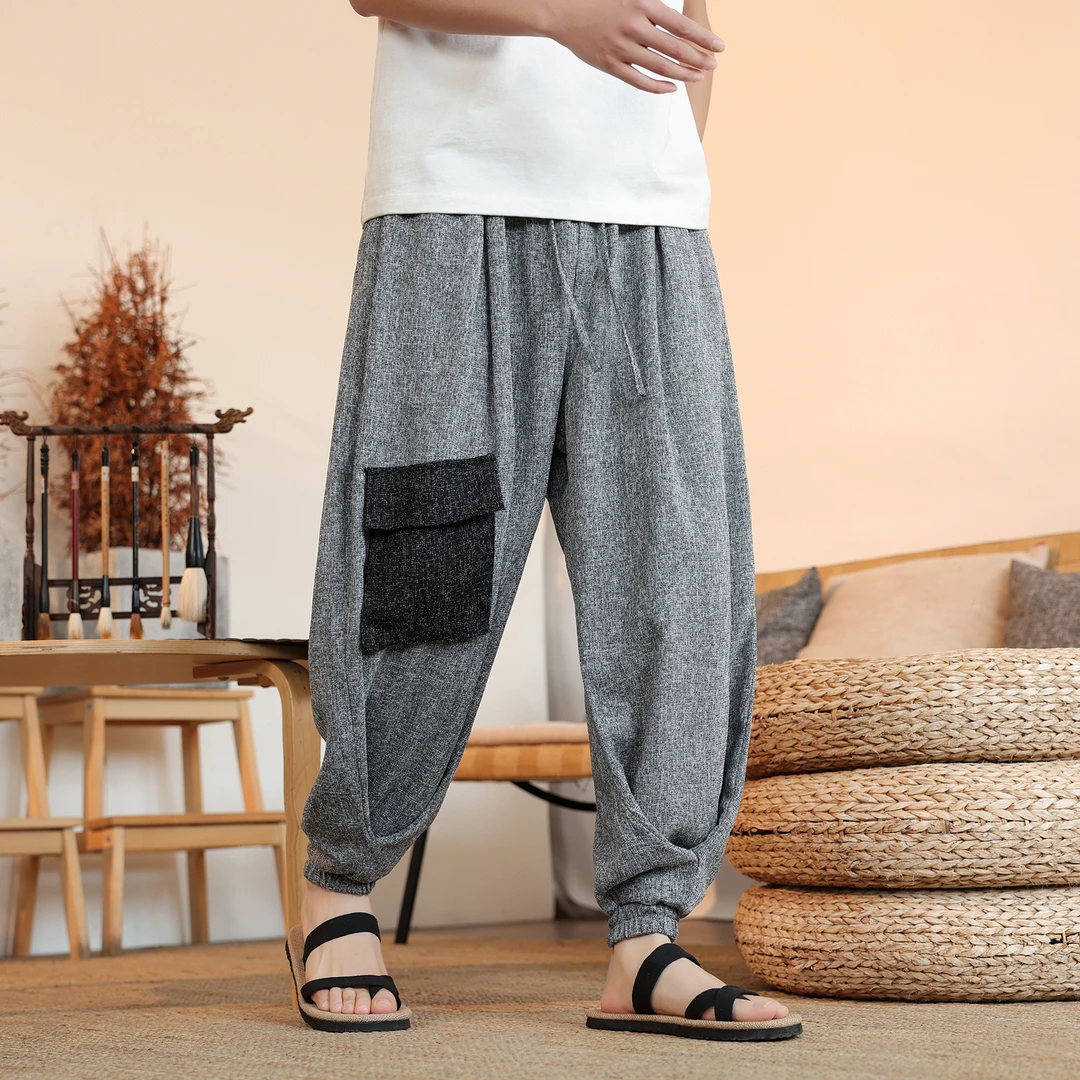 夏季新中式男装解构设计感冰丝裤子大码宽松撞色大口袋束脚工装裤