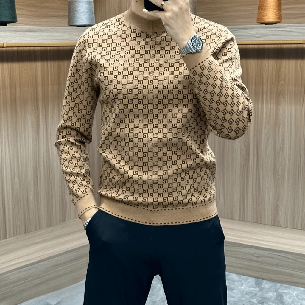 冬季新款男士轻奢长袖针织衫时尚休闲百搭修身半高领保暖打底毛衣