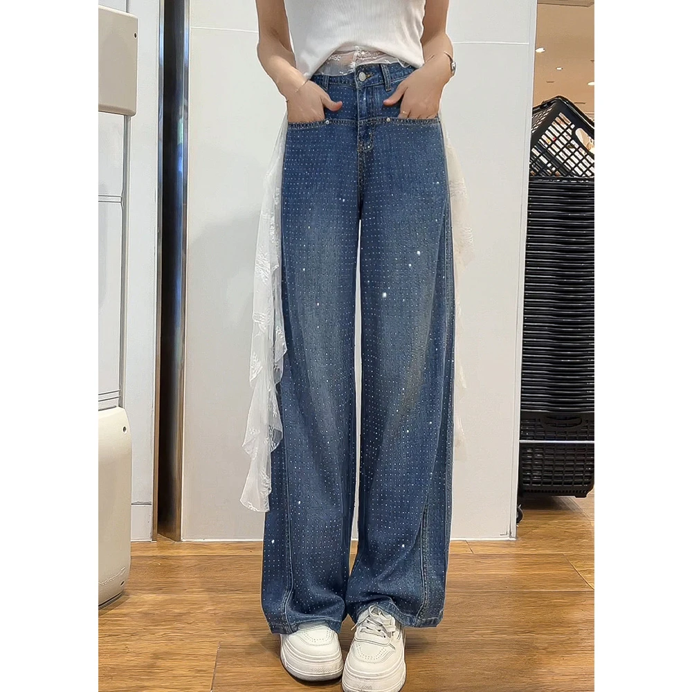 153欧货重工烫钻牛仔裤女2025夏季天丝高腰满天星阔腿直筒牛仔裤