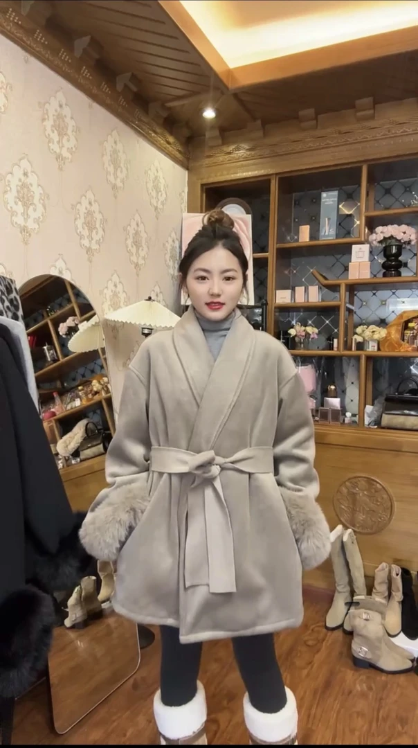 名媛风袖可拆卸内胆大衣优雅气质系带外套