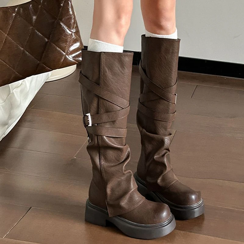废土风棕色长筒裤管靴女堆堆靴厚底美拉德高筒骑士复古西部牛仔靴
